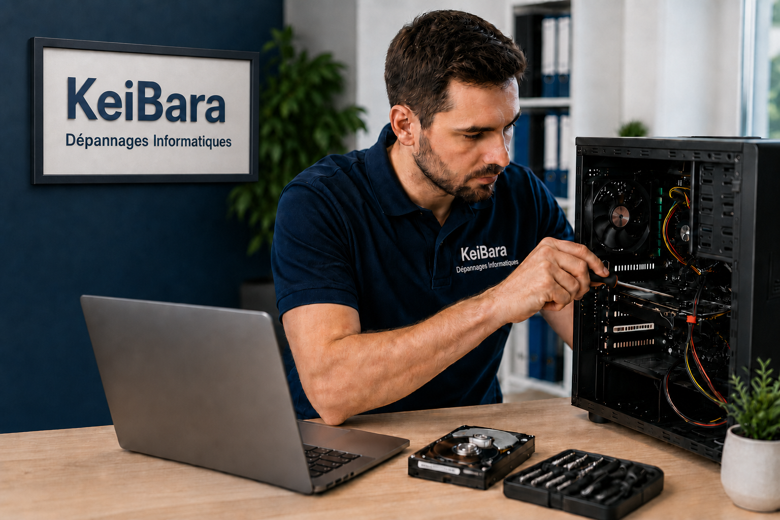 Technicien réparant un ordinateur portable