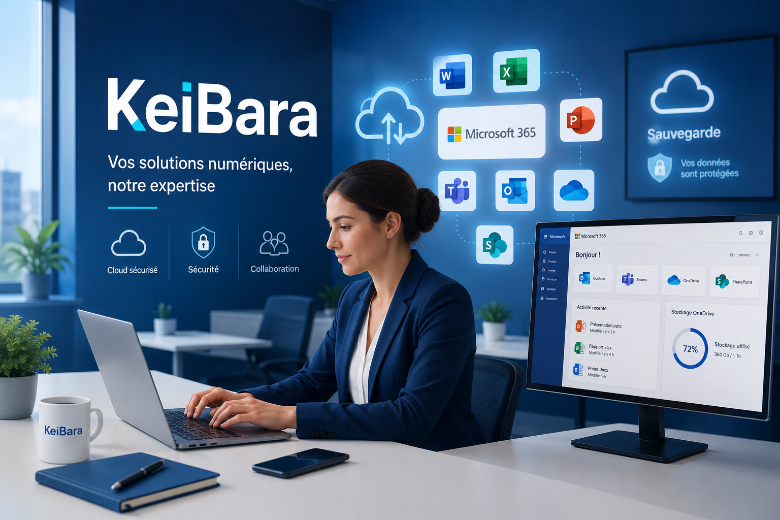Poste de travail organisé avec outils cloud et documents partagés